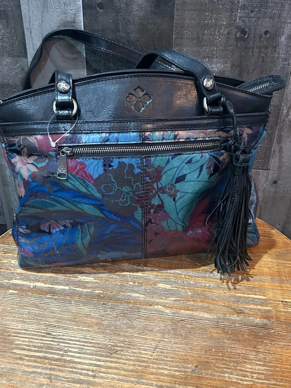 Patricia Nash Floral Leather Shoulder Bag in Burgundy, Blue and Black
